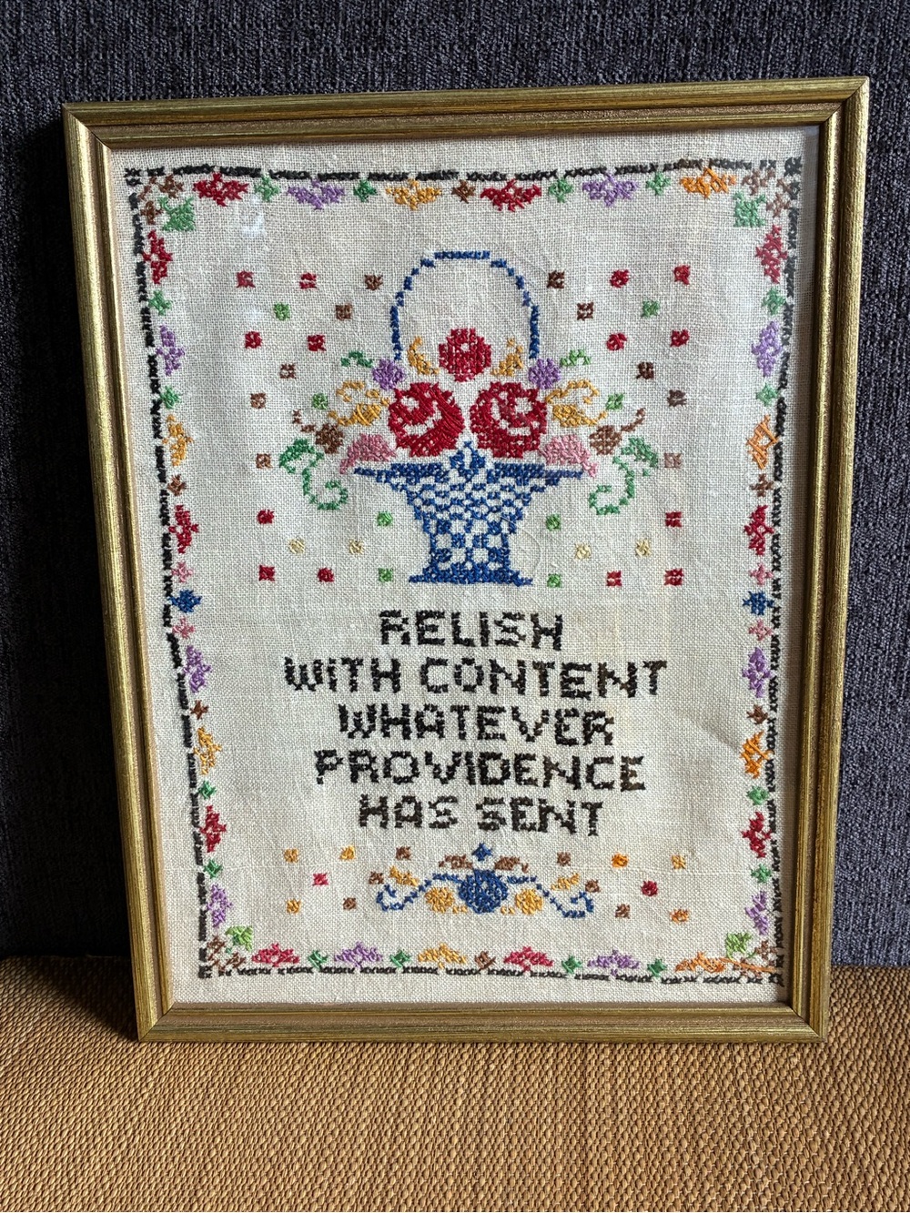 Vintage Handmade Needlepoint Sampler “Relish With Content” Framed 9.5x12.5
